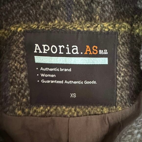 NEW Aporia.AS Wool Blend Plaid Brown Green Long Winter Coat XS leather trim - Picture 8 of 9